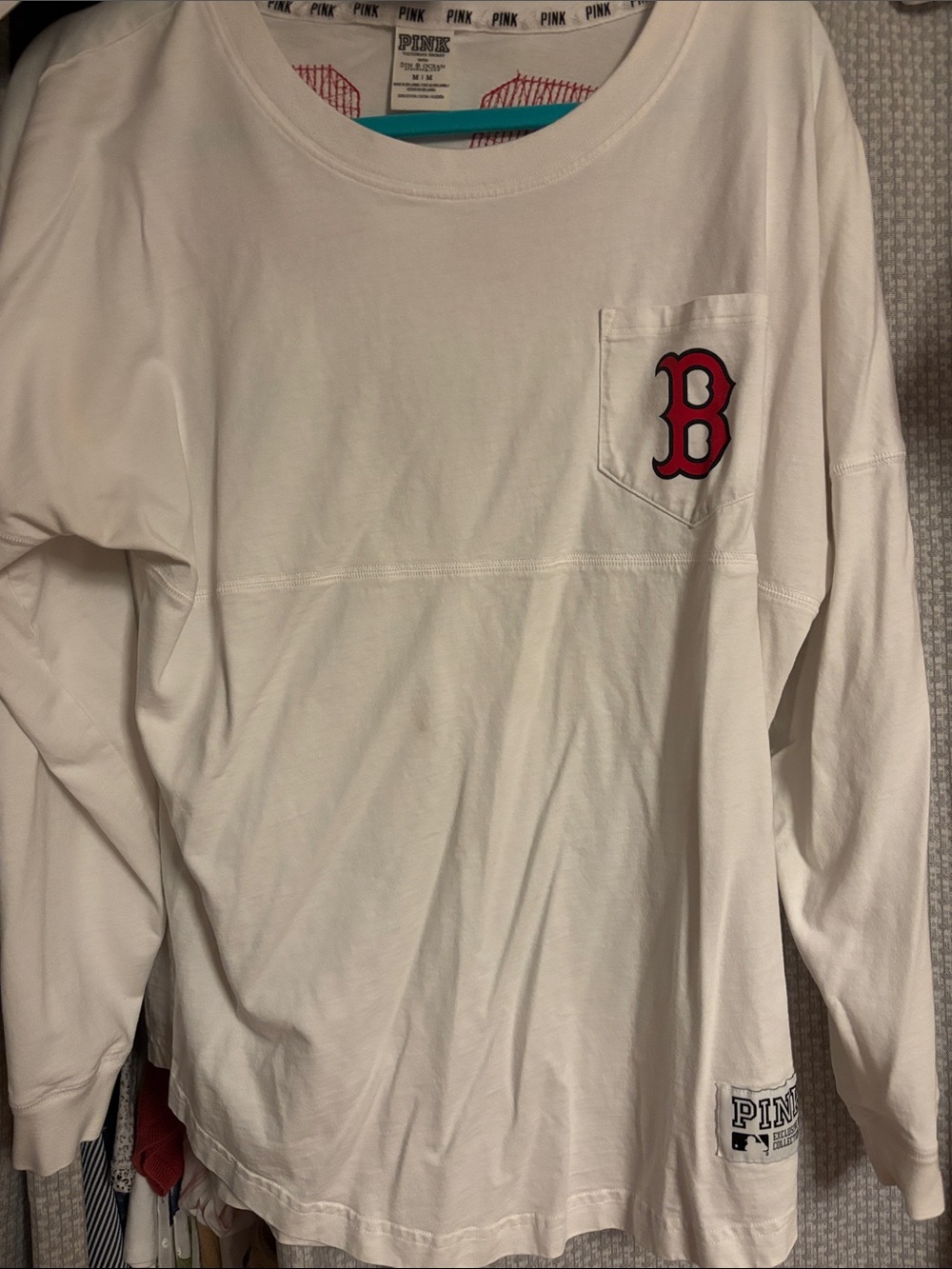 PINK Victoria's Secret White Long-Sleeve Pocket Tee with Red 'B' Patch